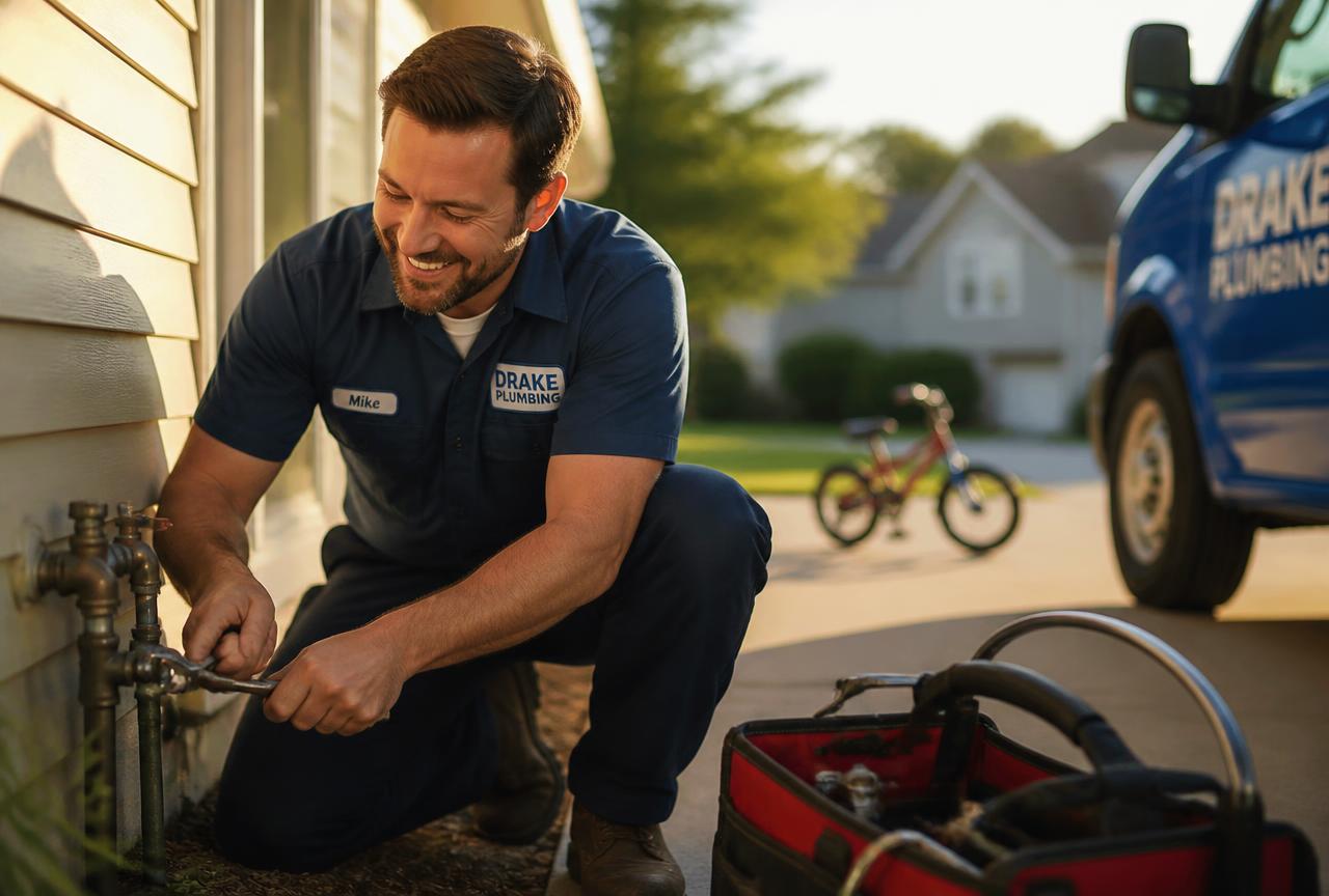 A smiling plumber back at work in daylight
