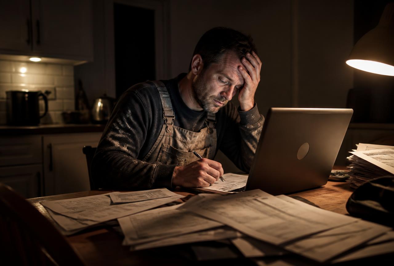 A trades business owner doing paperwork at his kitchen table late at night