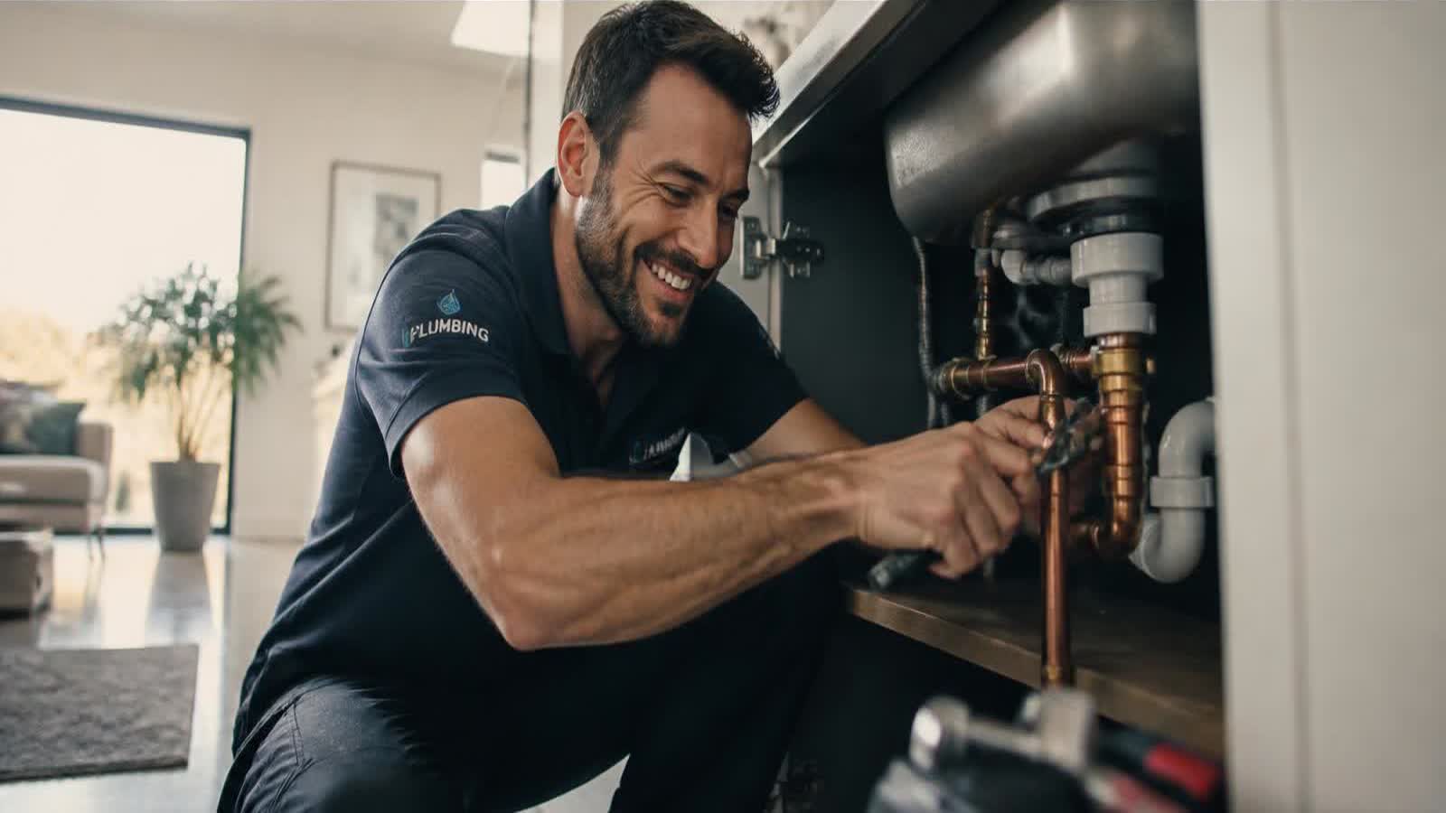 A plumber smiling while fitting copper pipe under a sink in daylight
