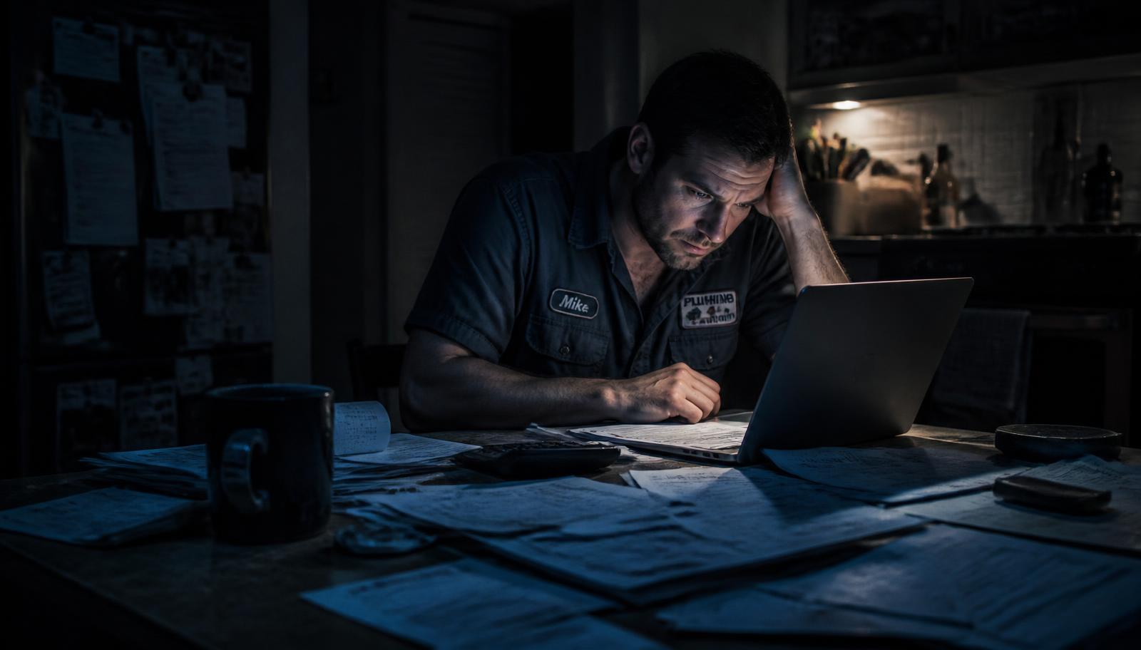 A tired plumber doing accounting paperwork late at night
