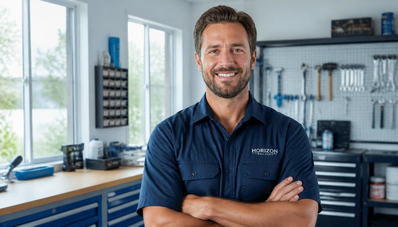 A trades business owner smiling in a bright, organized workshop